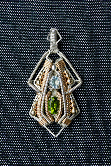Aquamarine & Peridot Pendant in sterling silver and gold fill wire, precious gemstones, large heady pendant