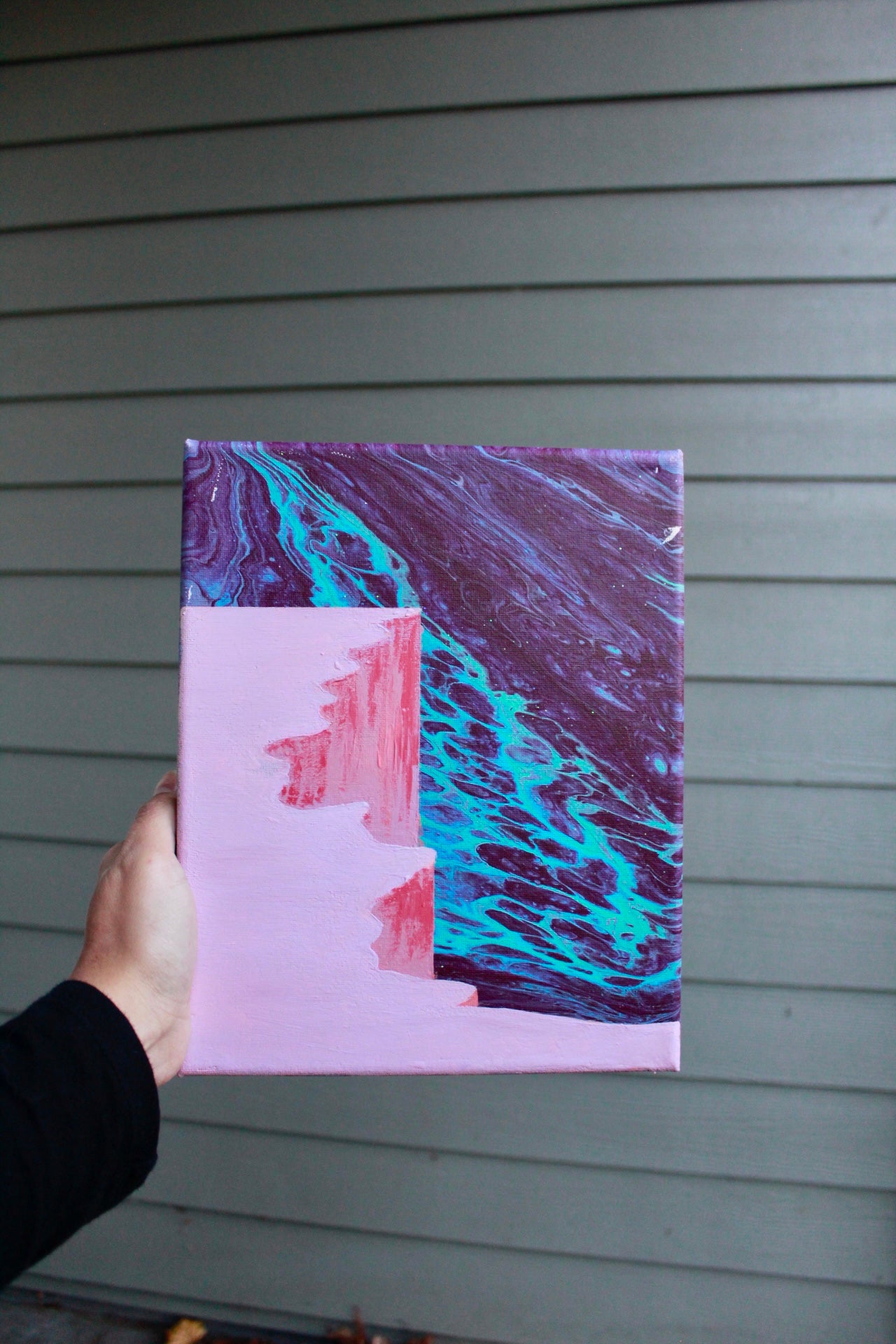 Acrylic pour painting with a cliff colorblock painting