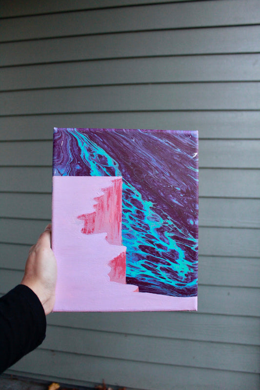 Acrylic pour painting with a cliff colorblock painting