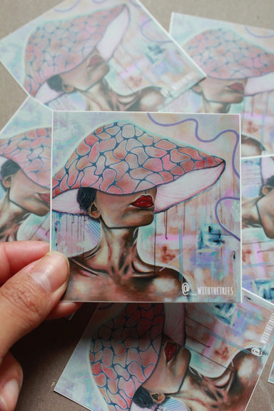 woman portrait with a mushroom head square sticker