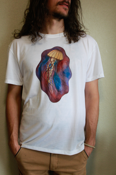 jellyfish in a galaxy t-shirt design on a white unisex t-shirt