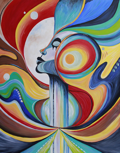 abstract painting with a multidimensional design of a woman's face