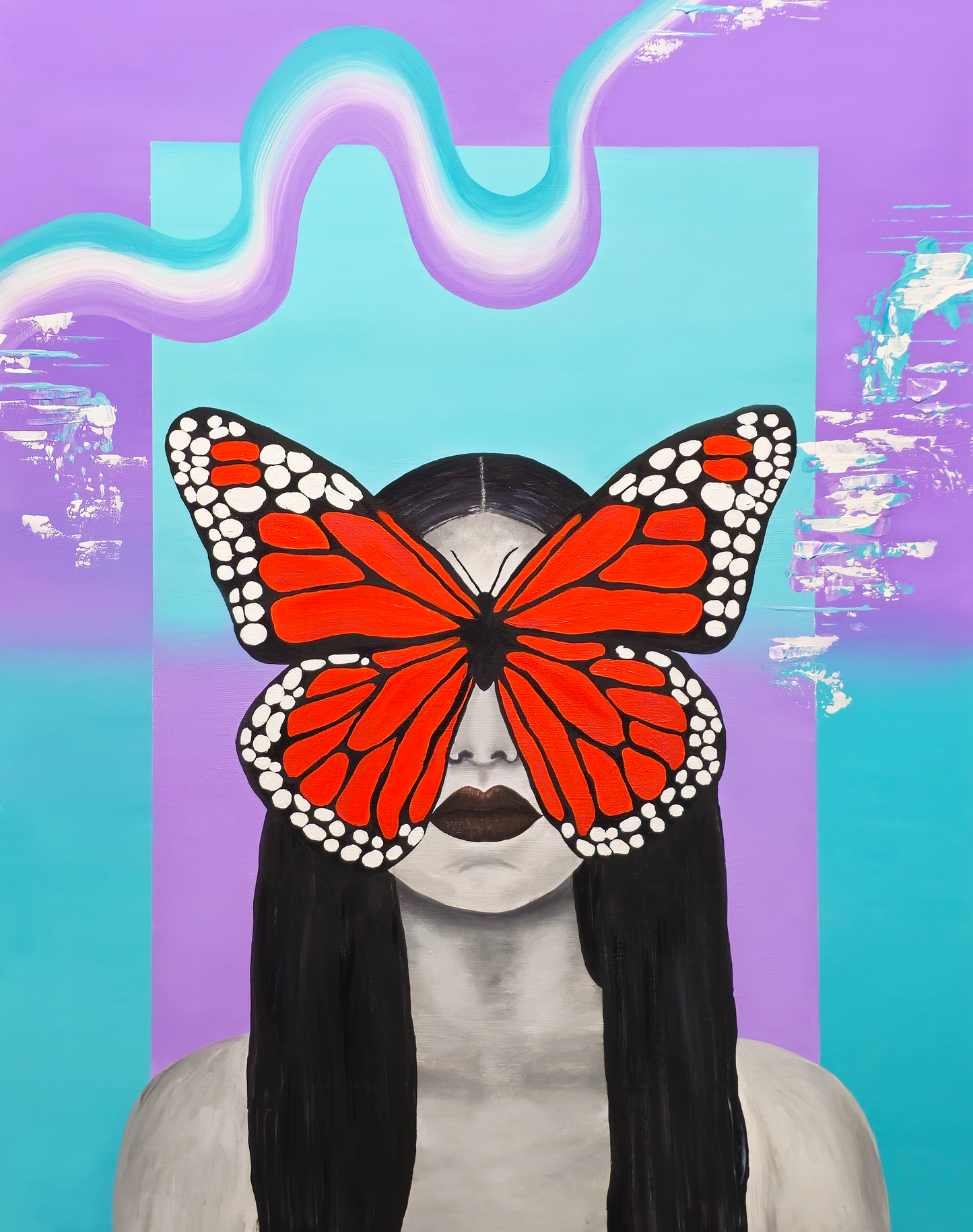 monarch butterfly paintings on a black and white woman portrait with a blue and purple gradient background