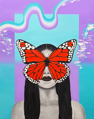 monarch butterfly paintings on a black and white woman portrait with a blue and purple gradient background