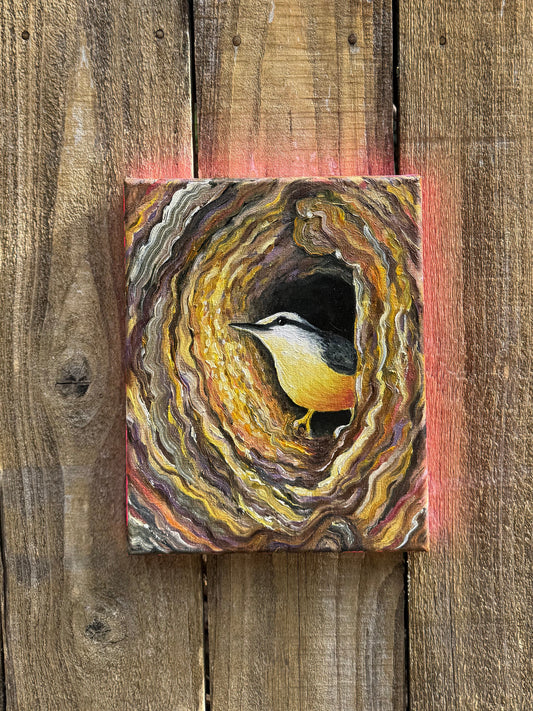oil painting of a woodpecker burrowing inside a tree