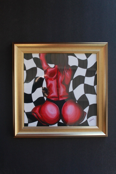 woman's body from behind monochrome red painting with a checkered background