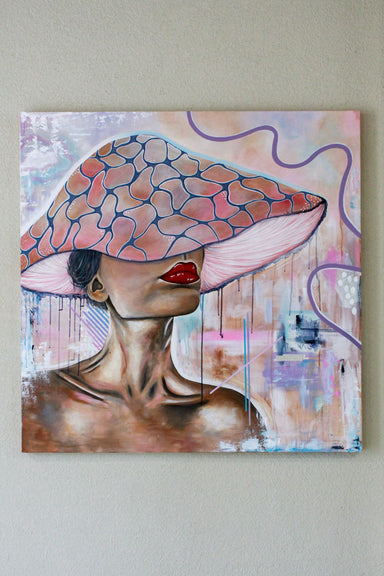 large square painting of a woman wearing a mushroom as a hat, with acrylic and abstract painting incorporated, large painting