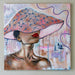 large square painting of a woman wearing a mushroom as a hat, with acrylic and abstract painting incorporated, large painting