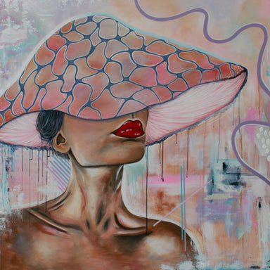 mushroom woman painting in a acrylic, womans neck and mushroom hat painting
