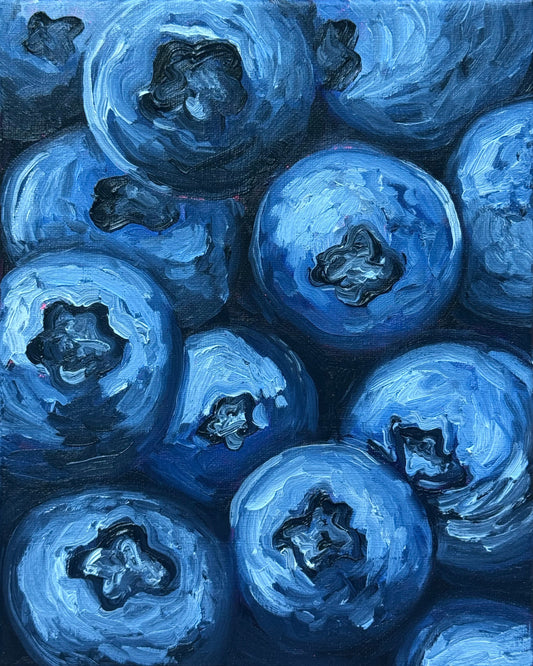 close up on a bunch of blueberries oil painting