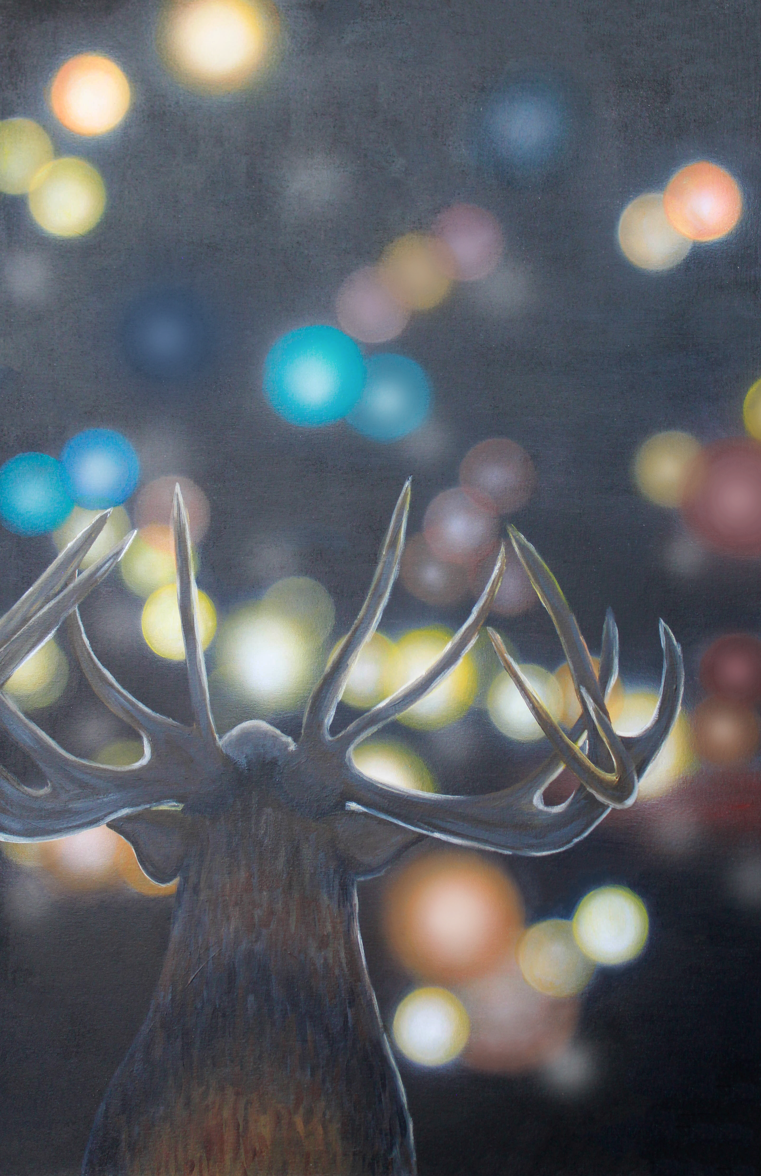 acrylic and airbrush painting of a deer looking into incoming traffic with a bokeh style painting