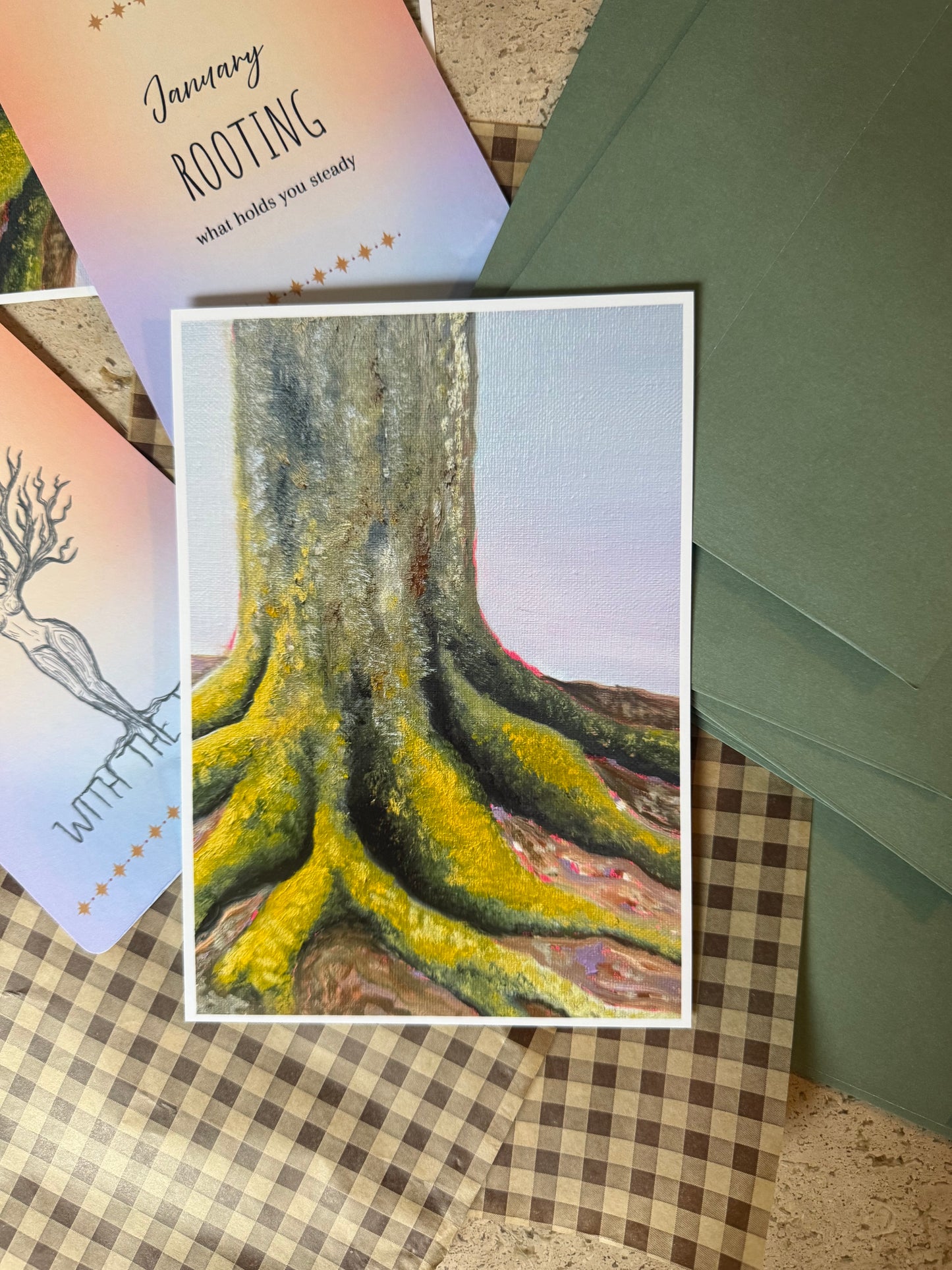 January Grove Post envelope with a 5×7 tree-root painting, Rooting theme card, personal letter, and green envelope.