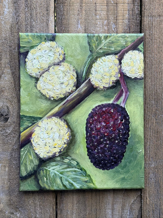 Painting of mulbberries and leaves on a canvas oil painting