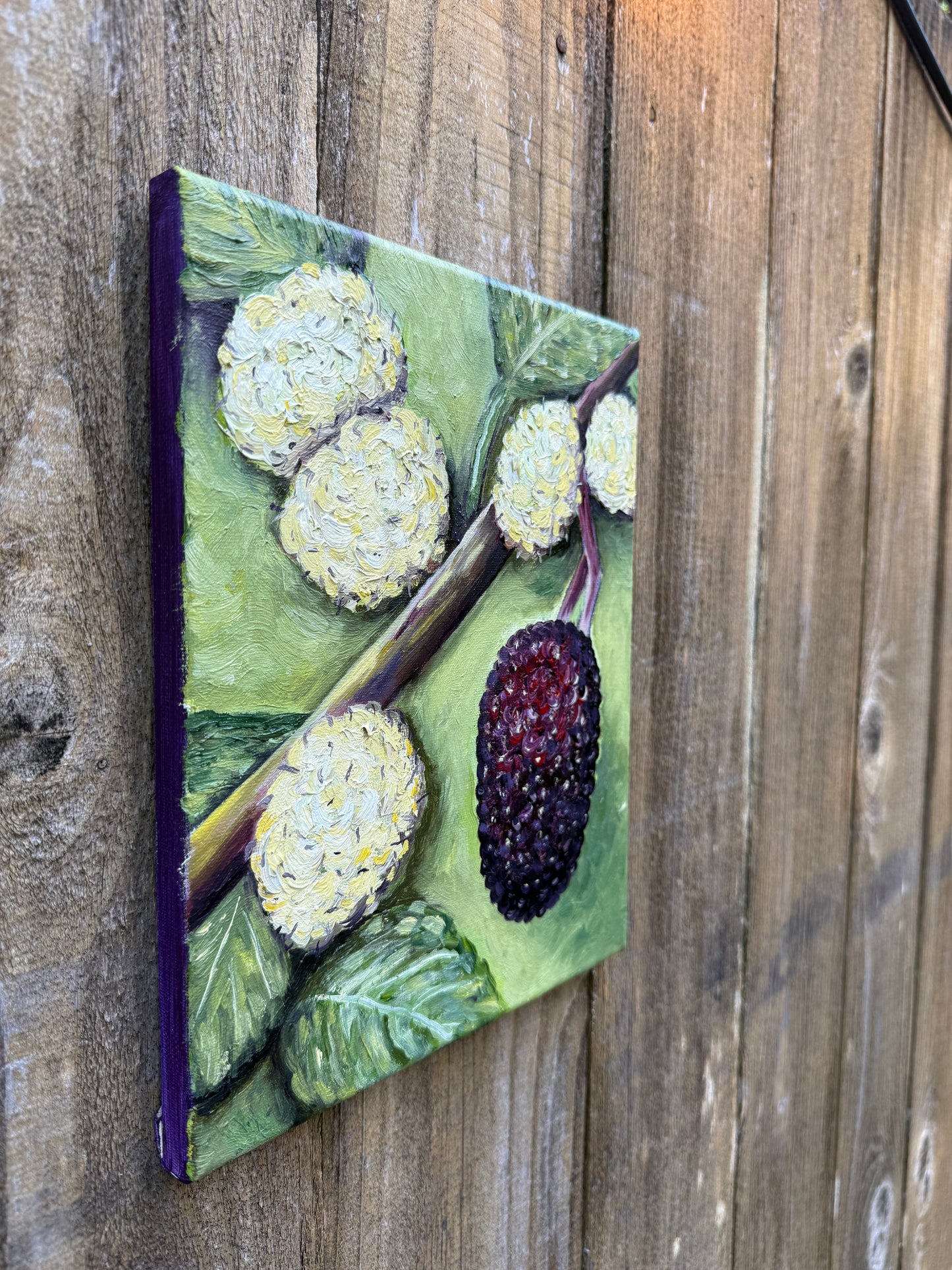 oil painting with mulberries growing that look like blackberries and white flowers on a wooden surface