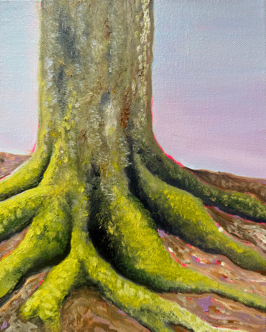 Close-up of a tree trunk with detailed roots on a textured background oil painting