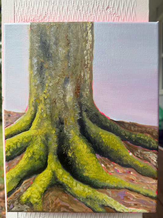 Close-up of a tree trunk with detailed roots on a textured surface
