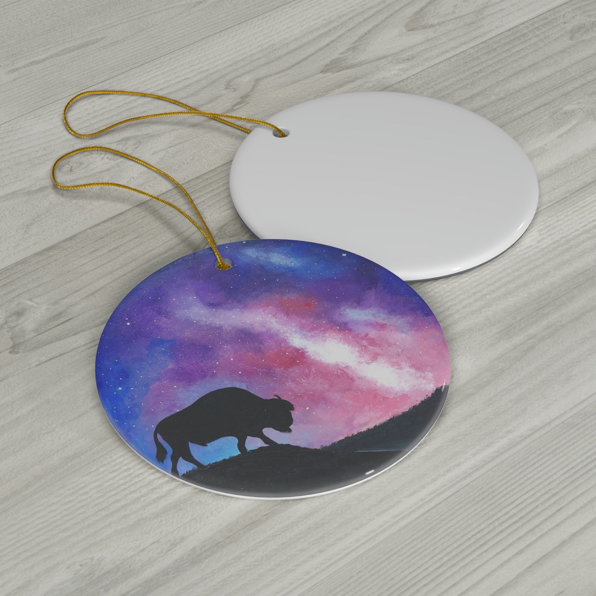 bison ceramic ornament with a galaxy night sky