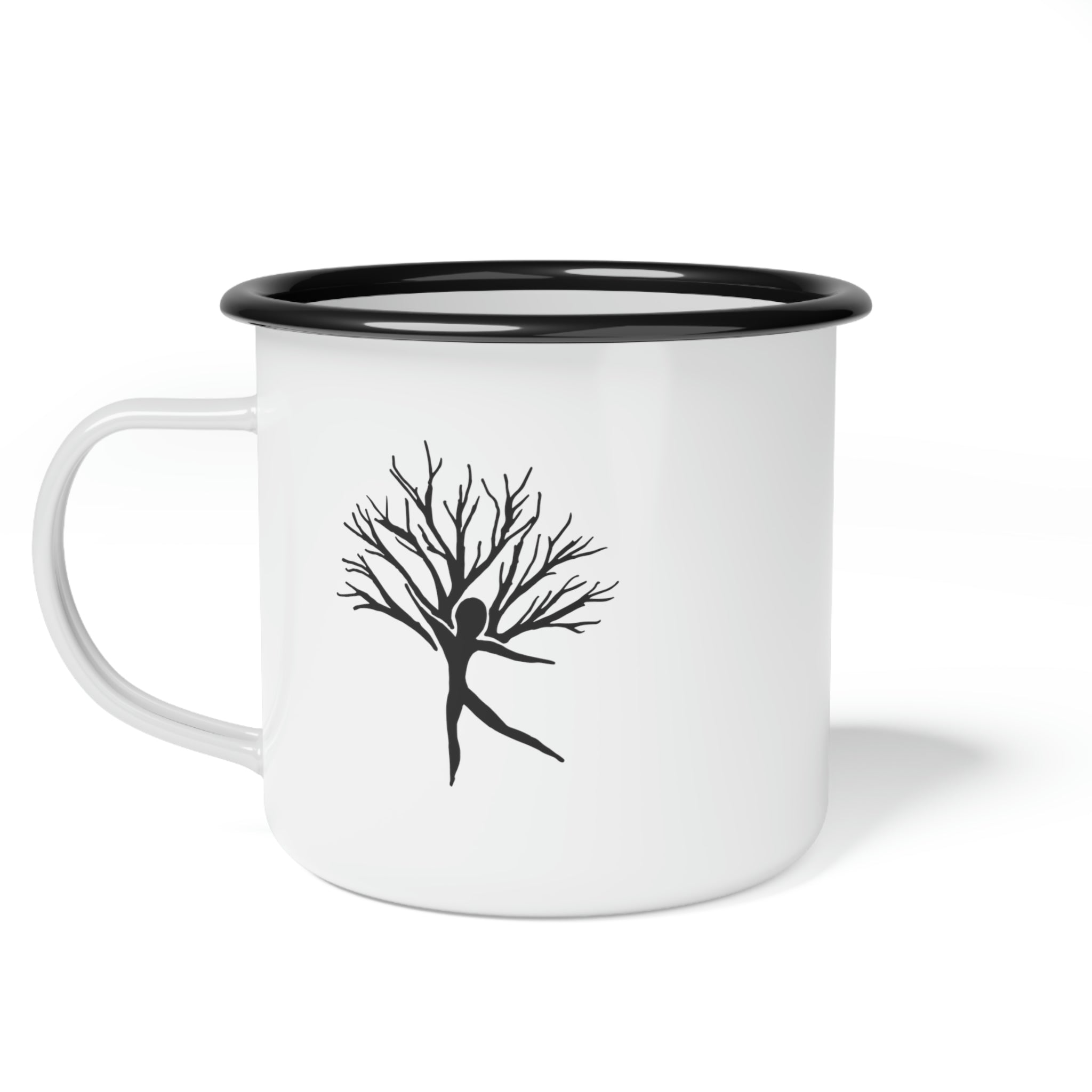 white and black lady figure with a tree, tree woman, with the trees camping mug
