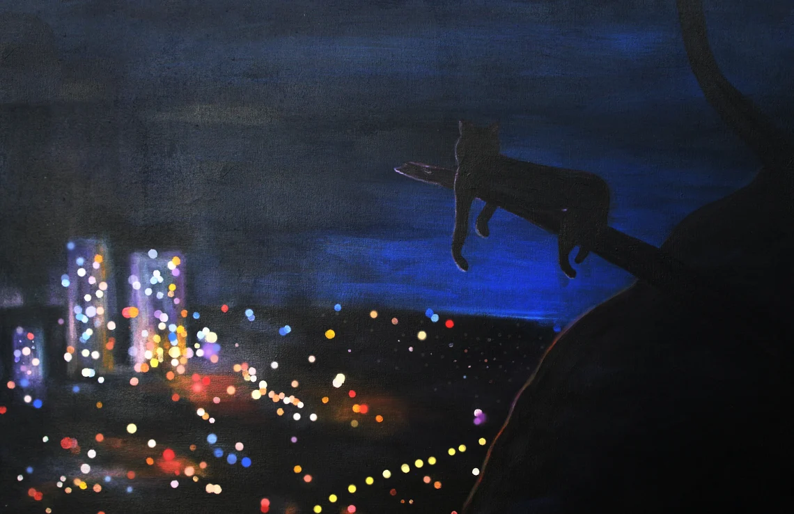 cityscape painting with a bokeh photography style with a mountain lion admiring from far away in a tree