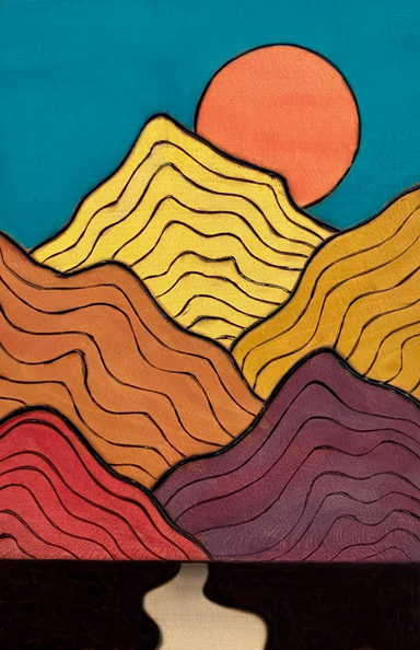 colorful mountains wood burned and painted